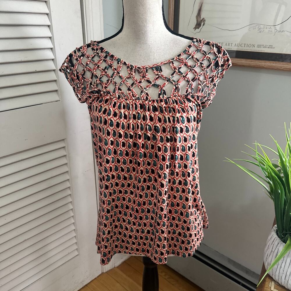 Plenty Tracy Reese Top Womens Small Colorful Jersey Knit Open Knit Boho Chic